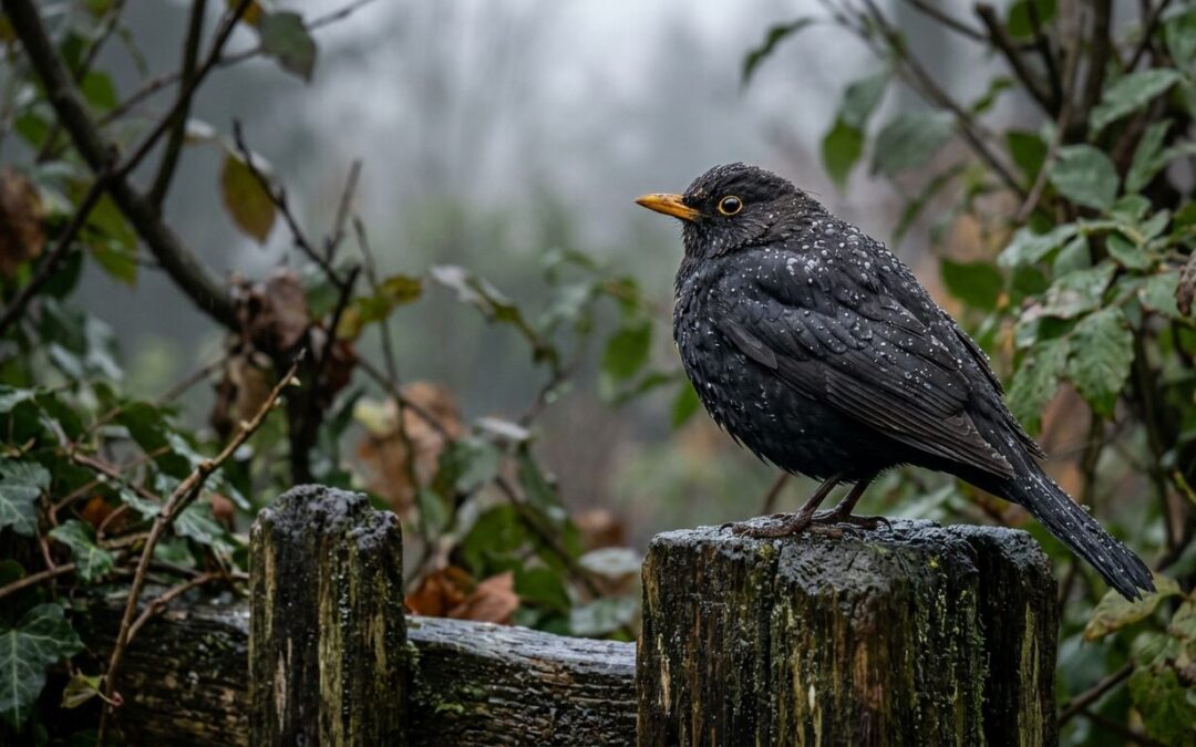 Eine Amsel sitzt auf einem alten, feuchten Holzzaun, ihr Gefieder tropfnass und im sanften, nebligen Morgenlicht glänzend, einzelne Regentropfen spiegeln sich detailliert im Gefieder, umgeben von leicht verschwommenem, grauem Garten mit nassem Laub und Blättern, die Atmosphäre vermittelt kühle, regnerische Stille. Nahaufnahme, Vogel im Goldenen Schnitt platziert, natürliche, authentische Stimmung. Kein Text, keine Menschen, keine künstlichen Objekte. Das Bild muss natürlich, realistisch, aus dem Jahr 2024 sein, im Stil „raw“, 8K, aufgenommen mit einem iPhone, kein Text, --ar 16:9
